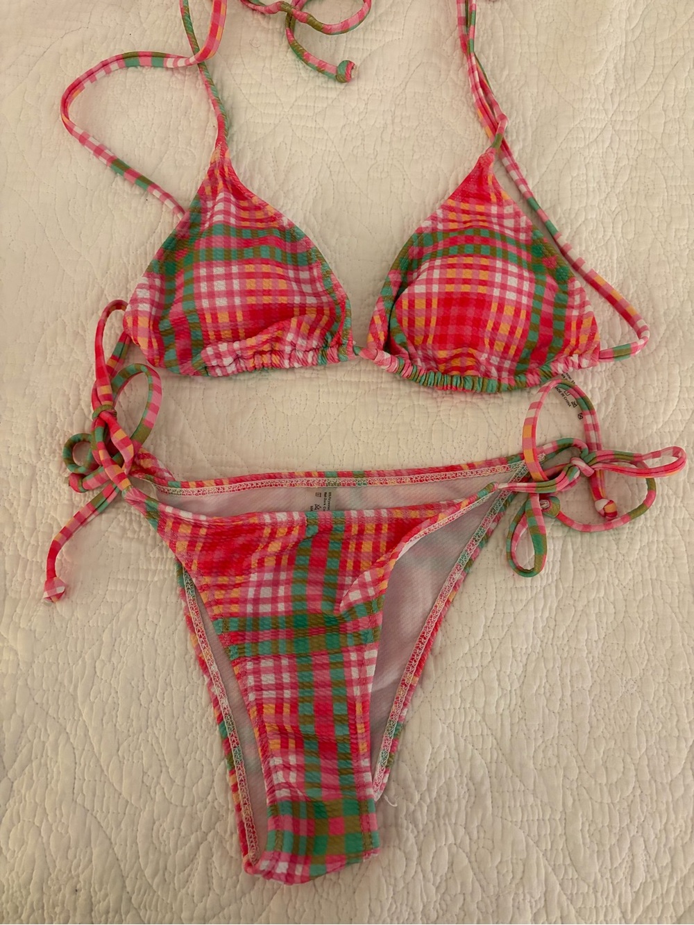 Amazon Pink & Green Plaid Tie-Side Triangle Bikini